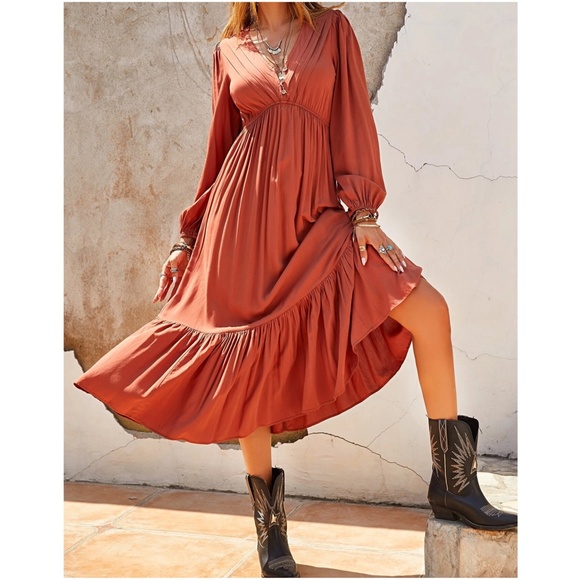 BellanBlue Dresses & Skirts - Boho Button Pleated Long Sleeve Maxi Dress